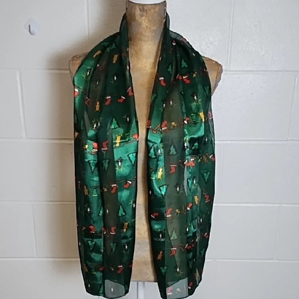 Dark Green Silk Feel Christmas Print Long Scarf 58